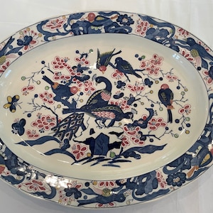 Antieke GROTE ovale schaal van Villeroy en Boch met pauwen, verjaardagscadeau, cadeau voor haar
