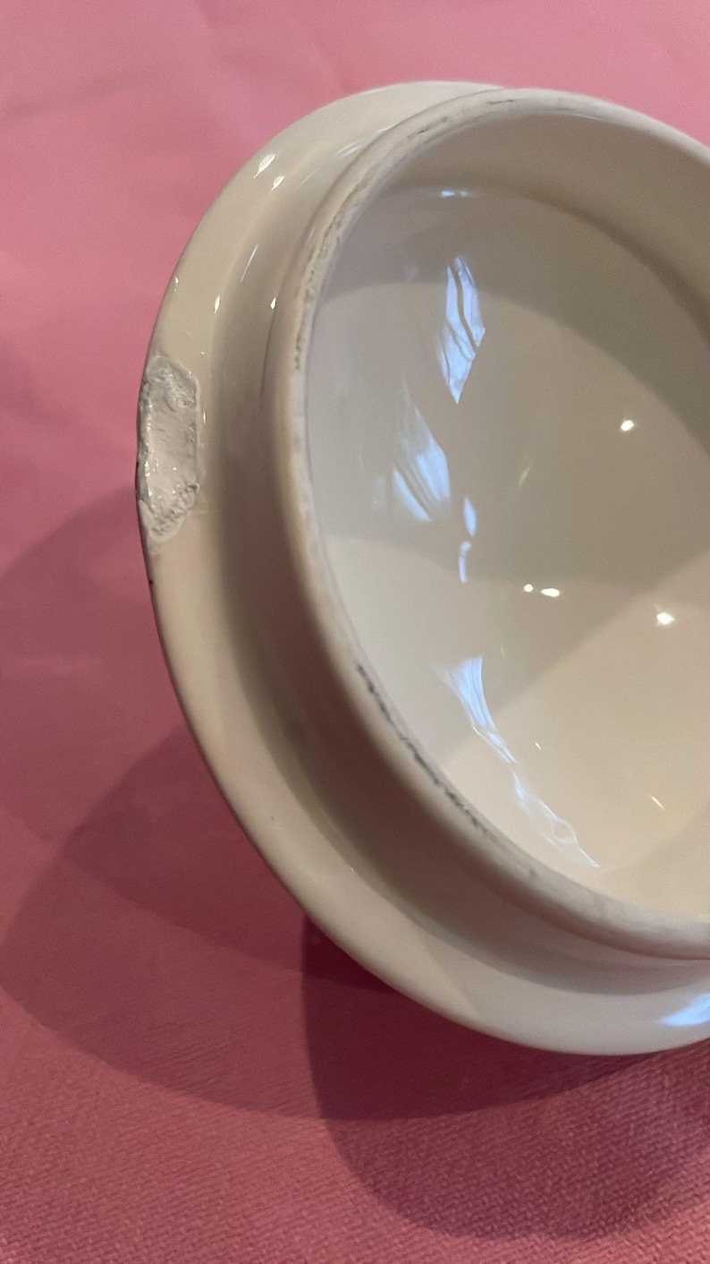 Puede incluir: Una tapa de cer&aacute;mica blanca de forma circular con un acabado liso y brillante. El borde de la tapa presenta una muesca visible en el material cer&aacute;mico, revelando la textura interior blanca de la pieza. La parte inferior es c&oacute;ncava y lisa.