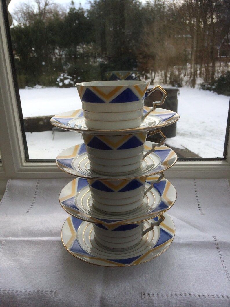 Antique Shelley Harlekijn set of 4 Art Deco cups and saucers, wedding gift, gift for her image 7