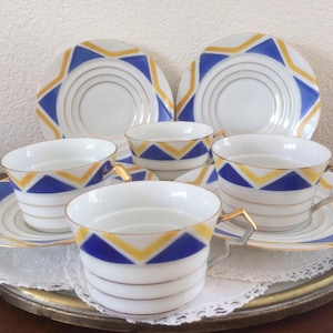 Antique Shelley Harlekijn set of 4 Art Deco cups and saucers, wedding gift, gift for her image 1