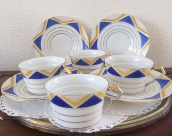 Antique Shelley Harlekijn set of 4 Art Deco cups and saucers, wedding gift, gift for her