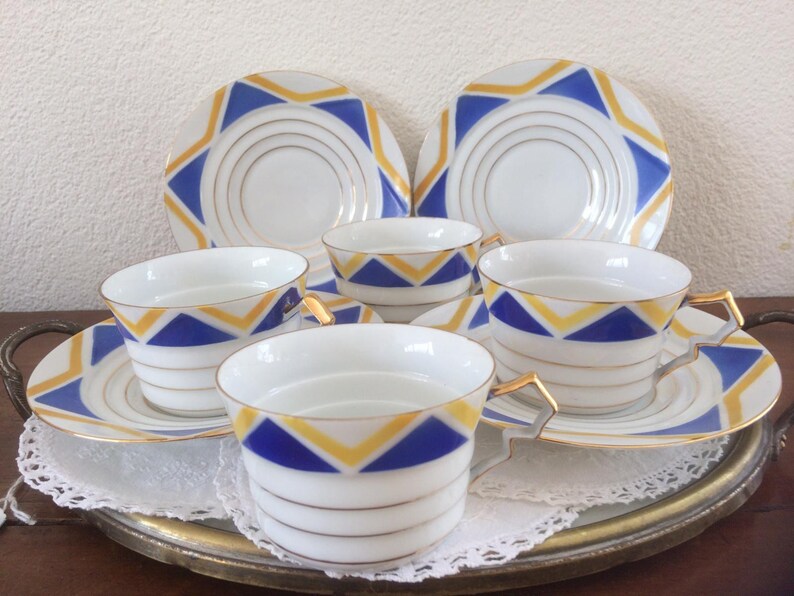 Antique Shelley Harlekijn set of 4 Art Deco cups and saucers, wedding gift, gift for her image 1