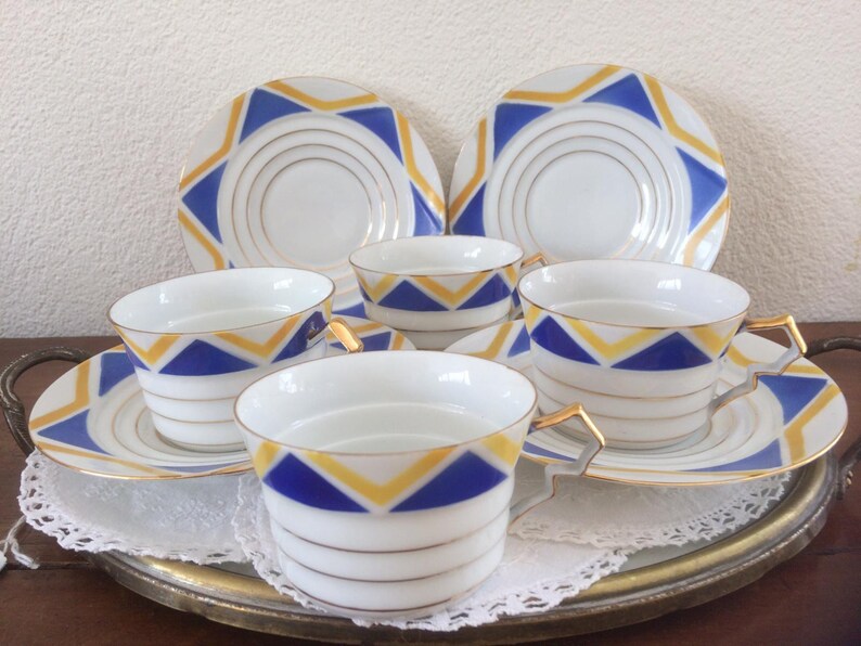 Antique Shelley Harlekijn ensemble de 4 tasses et soucoupes Art déco, cadeau de mariage, cadeau pour elle image 1