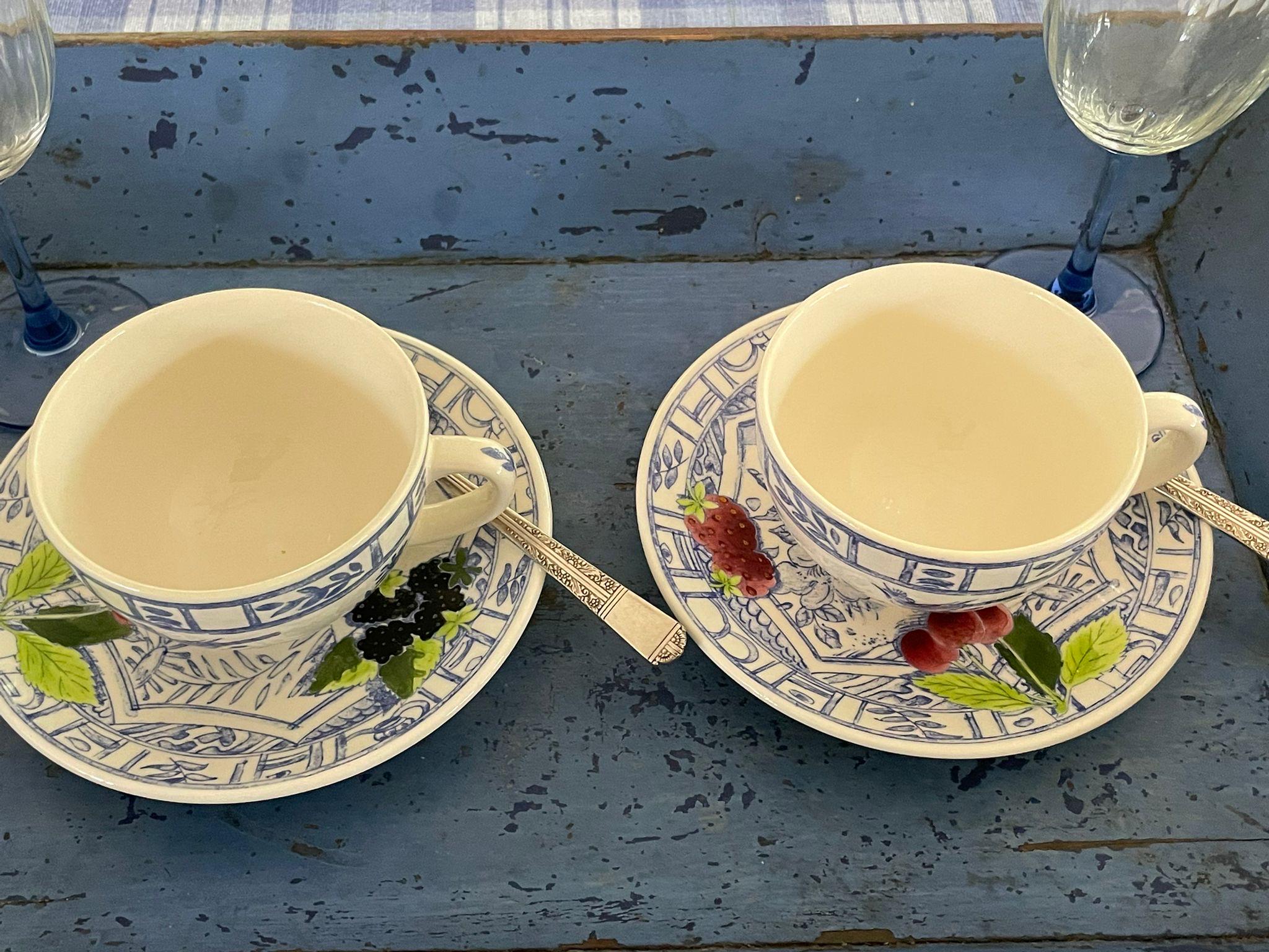 Vintage Gien France 2 X Teacup and Saucer Set, Oiseau Bleu Fruit