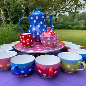 Oilily polkadot koffie of theeservies en gebakschaal op voet, 10 couverts, GRATIS VERZENDING, huwelijkscadeau, bruidsdouche cadeau