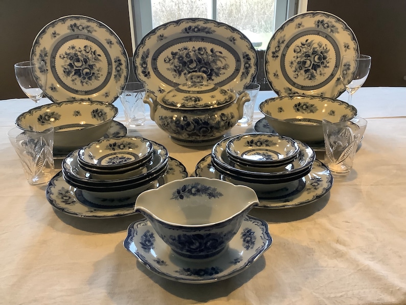 Vintage Blue Rose Porcelain Dinner Service, 23 Piece Place Setting