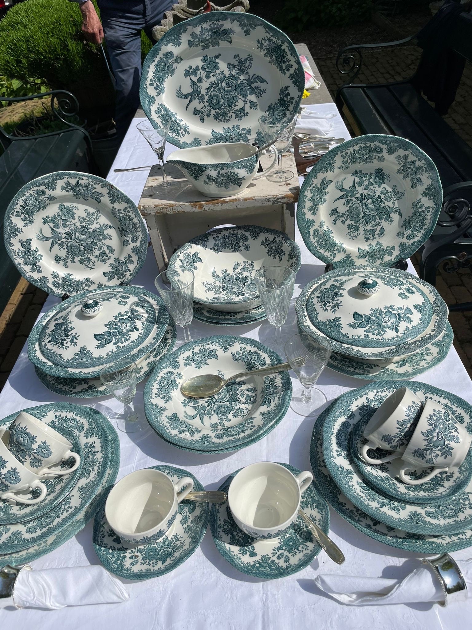 Wedgwood Aziatische fazanten dinerservice voor 6 personen in petrol blue, FREE SHIPPING, huwelijkscadeau, bruidsdouche cadeau