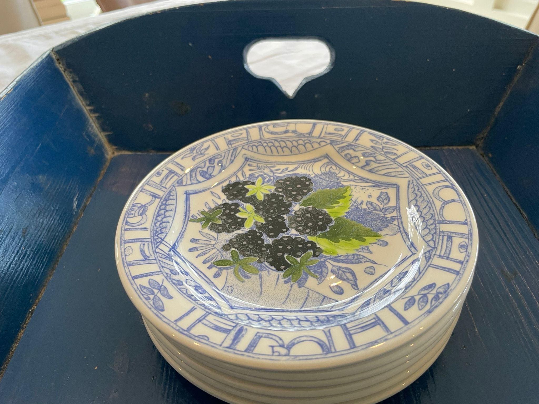 Gien France Cake Plates, Oiseau Bleu Des Fruits, Hand-painted, Set Gien France Cake Plates, Oiseau Bleu Des Fruits, Hand-painted, Set
