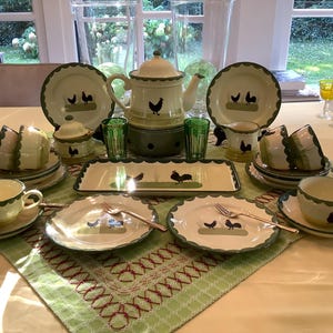 Faïencerie Zeller thee- en gebakservies met kip en haan voor 6 couverts, GRATIS VERZENDING, cadeau voor haar, verjaardagscadeau
