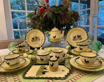 Faïencerie Zeller chicken and rooster tea and breakfast service for 6 place settings, FREE SHIPPING, gift for her, birthday gift
