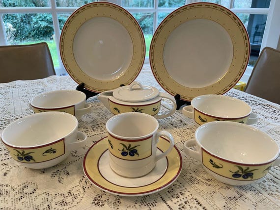Villeroy and Boch Vavro Garden Olive Set, Vintage Porcelain Soup Villeroy and Boch Vavro Garden Olive Set, Vintage Porcelain Soup