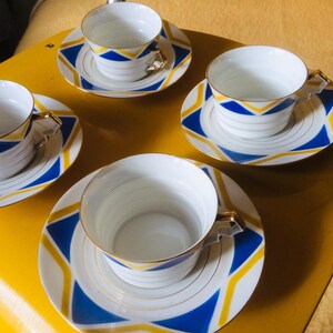 Antique Shelley Harlekijn set of 4 Art Deco cups and saucers, wedding gift, gift for her image 6