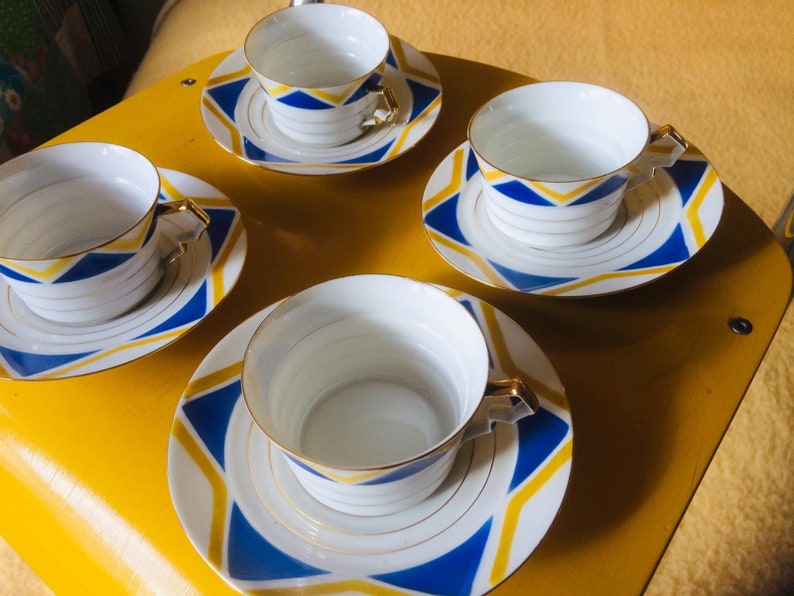 Antique Shelley Harlekijn set of 4 Art Deco cups and saucers, wedding gift, gift for her 画像 6