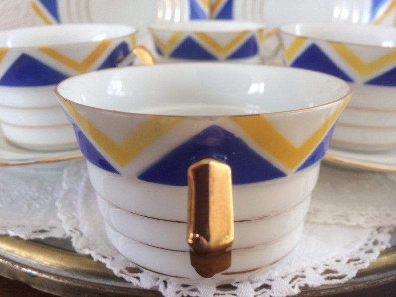 Antique Shelley Harlekijn set of 4 Art Deco cups and saucers, wedding gift, gift for her image 10