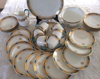 Antique Vieux de Paris blue/gold encrusted monogrammed tea set, FREE SHIPPING, wedding gift, bridal shower gift