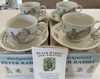 Wedgwood Peter Rabbit set of 4 teacups and saucers by Beatrix Potter, FREE SHIPPING, birthday gift, gift for her