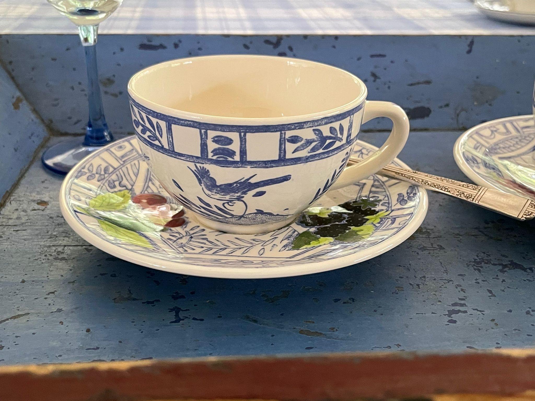 Vintage Gien France 2 X Teacup and Saucer Set, Oiseau Bleu Fruit
