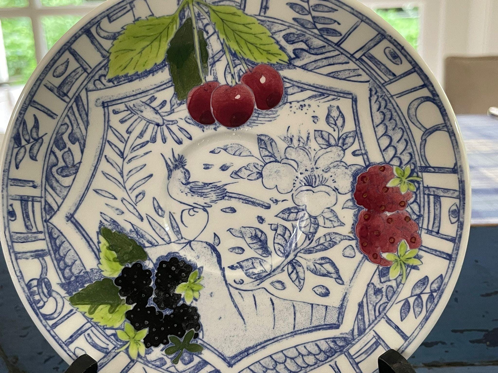 Vintage Gien France 2 X Teacup and Saucer Set, Oiseau Bleu Fruit