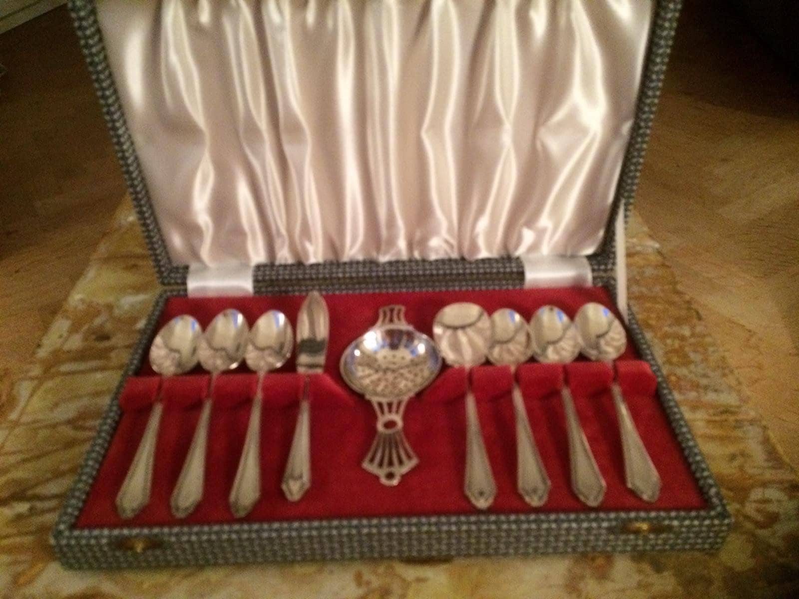 Set of 9-piece silver plated tea set in cassette, bridal shower gift, anniversary gift