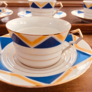 Antique Shelley Harlekijn set of 4 Art Deco cups and saucers, wedding gift, gift for her 画像 4