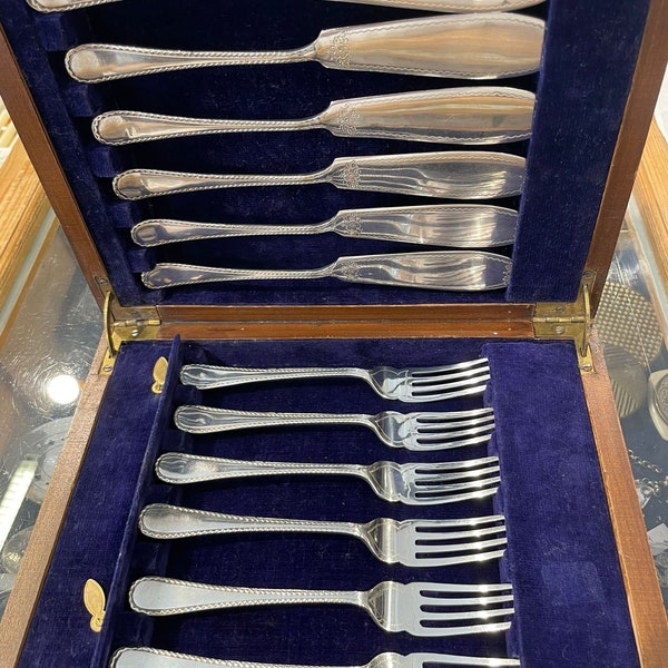 Antikes Set von 14 Stück Fischbesteck, versilbert, in original Kassetten, KOSTENLOSER VERSAND, Hochzeitsgeschenk, Brautpartygeschenk