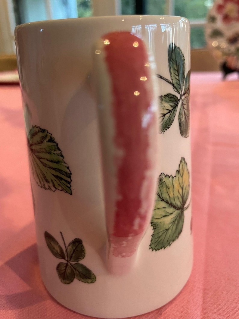 Puede incluir: Una taza de cer&aacute;mica blanca con un patr&oacute;n bot&aacute;nico de hojas verdes e ilustraciones de tr&eacute;boles. La taza tiene un asa vertical prominente con una franja pintada de color rosa rojizo en el centro, que contrasta con el cuerpo blanco del recipiente.