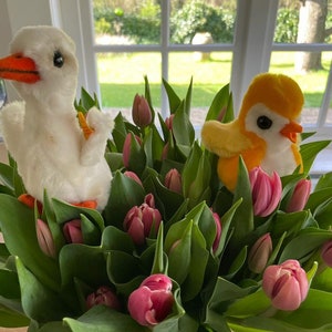 以下が含まれることがあります： ピンクのチューリップのブーケに、白いぬいぐるみのかわいいアヒルと黄色いぬいぐるみの鳥が花の中にいる。