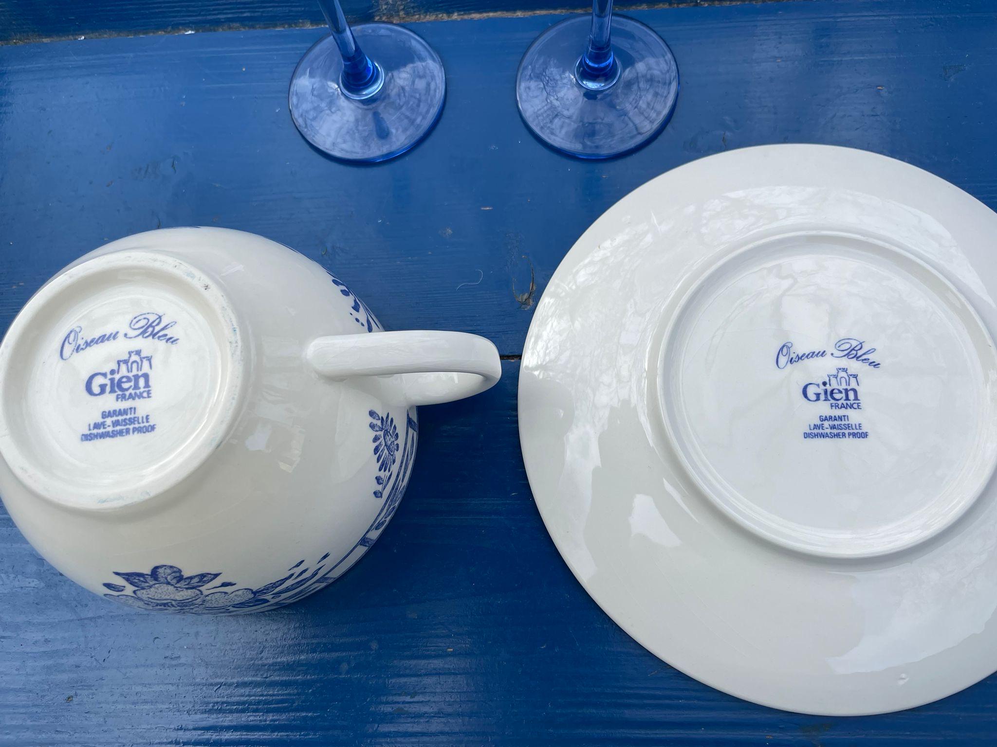 Faïencerie De Gien France, Set Van 4 Oiseau Bleu Mono Jumbo Kop En