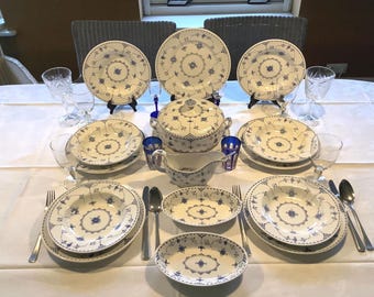 Vintage Furnivals Denmark Dinnerware, Blue Floral, 16 Piece Set
