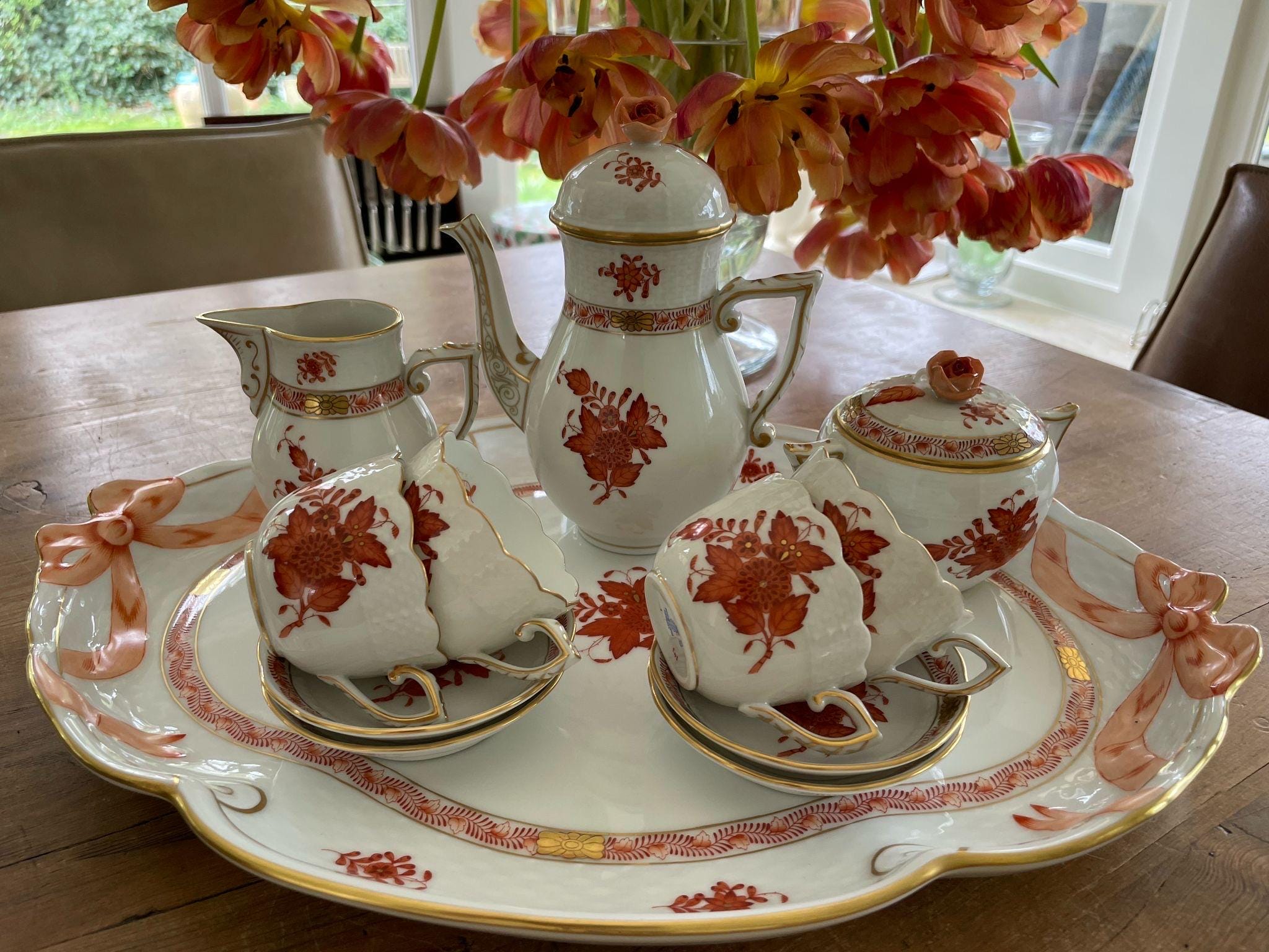 Herend Hungary Apponyi Chinese Bouquet Espresso Set, Orange Rust