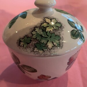 Puede incluir: Un azucarero de cer&aacute;mica blanca con tapa a juego, que presenta un patr&oacute;n bot&aacute;nico de hojas verdes y peque&ntilde;as flores coloridas. El cuenco tiene una forma redondeada y un acabado liso y brillante, con el dise&ntilde;o floral impreso en la superficie.