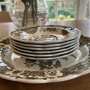 Può includere: Un set di sei piatti in ceramica vintage con un motivo floreale verde e marrone. I piatti sono impilati uno sopra l'altro, con il piatto più grande in basso e il piatto più piccolo in alto.