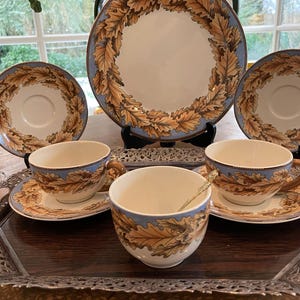 Tazze e piattini da tè vintage Gien France, piatto da portata, zuccheriera, Feuilles de Chêne, dipinti a mano