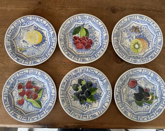 Gien France Cake Plates, Oiseau Bleu Des Fruits, Hand-painted, Set