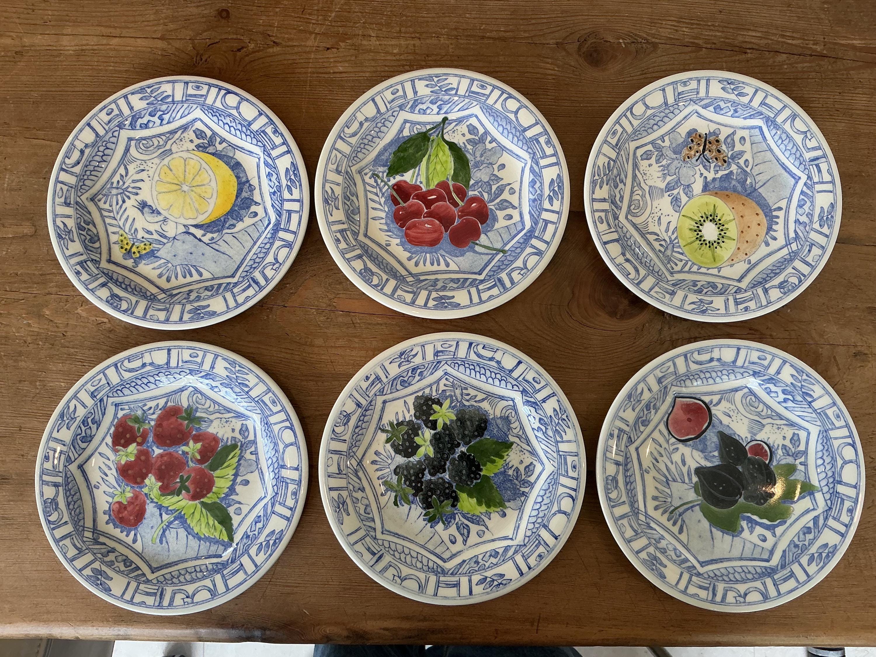 Gien France Oiseau Bleu デザートプレート 6枚セット Gien France Cake Plates, Oiseau Bleu Des Fruits, Hand-painted, Set