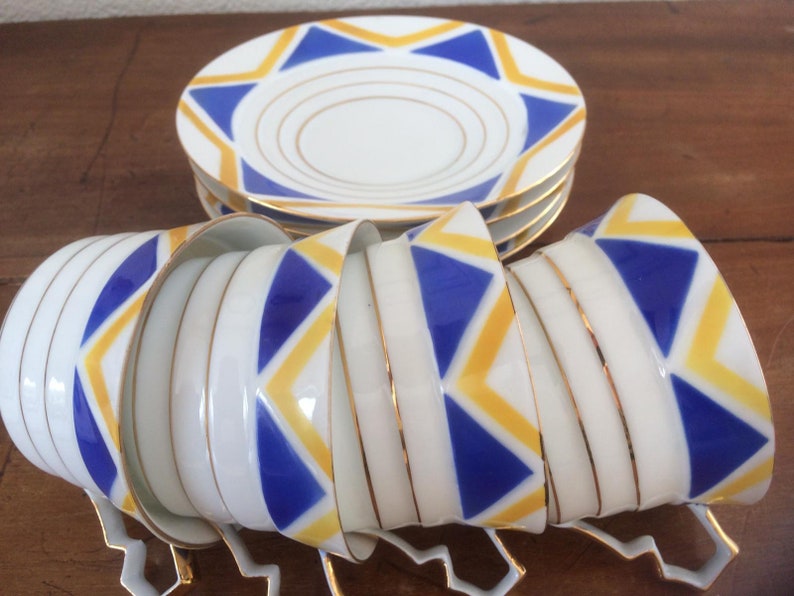 Antique Shelley Harlekijn set of 4 Art Deco cups and saucers, wedding gift, gift for her 画像 3