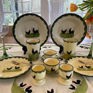 Faïencerie Zeller Kip en Haan ontbijt servies voor 2, GRATIS VERZENDING, cadeau voor haar, verjaardagscadeau