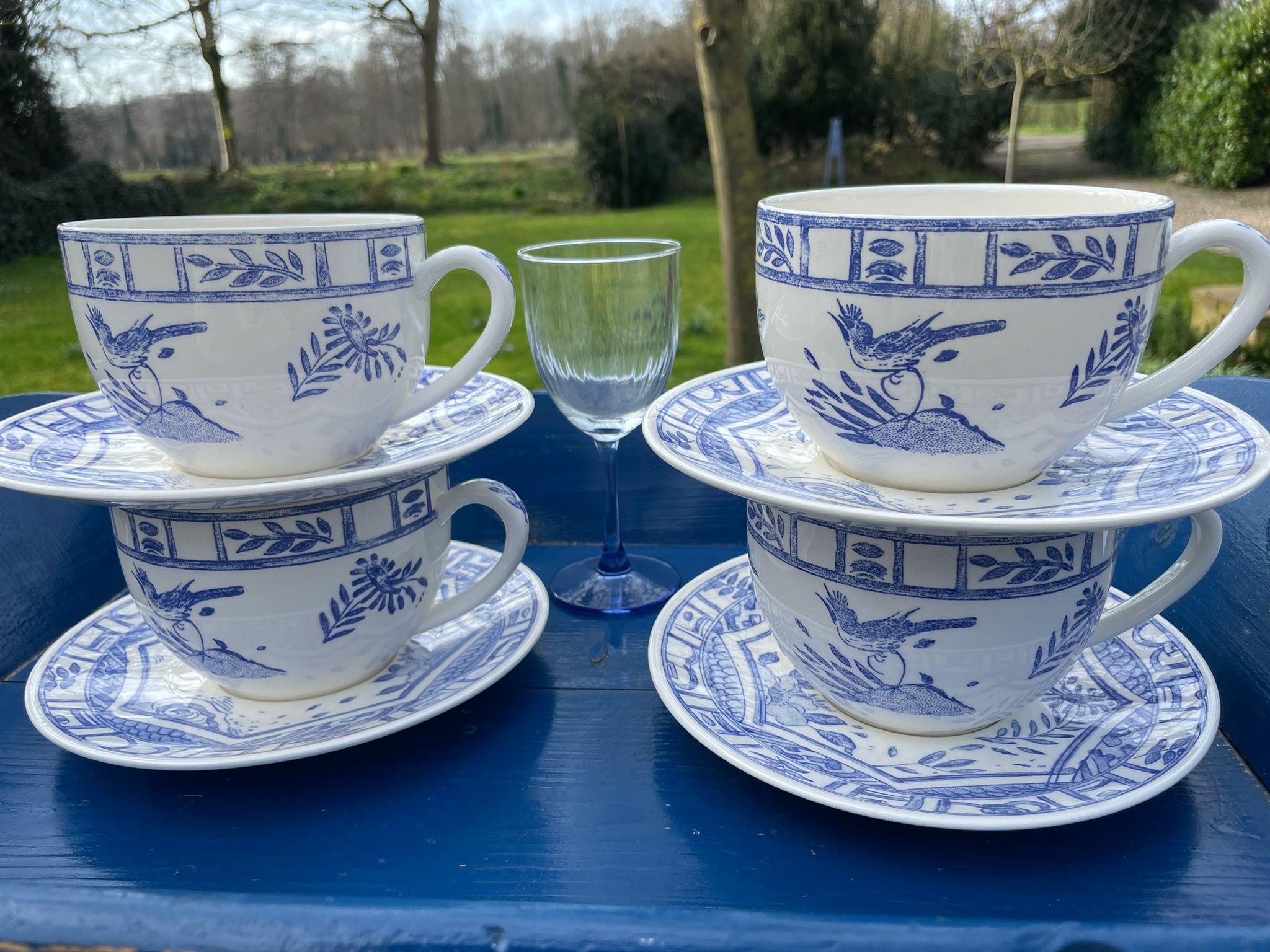 Faïencerie De Gien France, Set Van 4 Oiseau Bleu Mono Jumbo Kop En