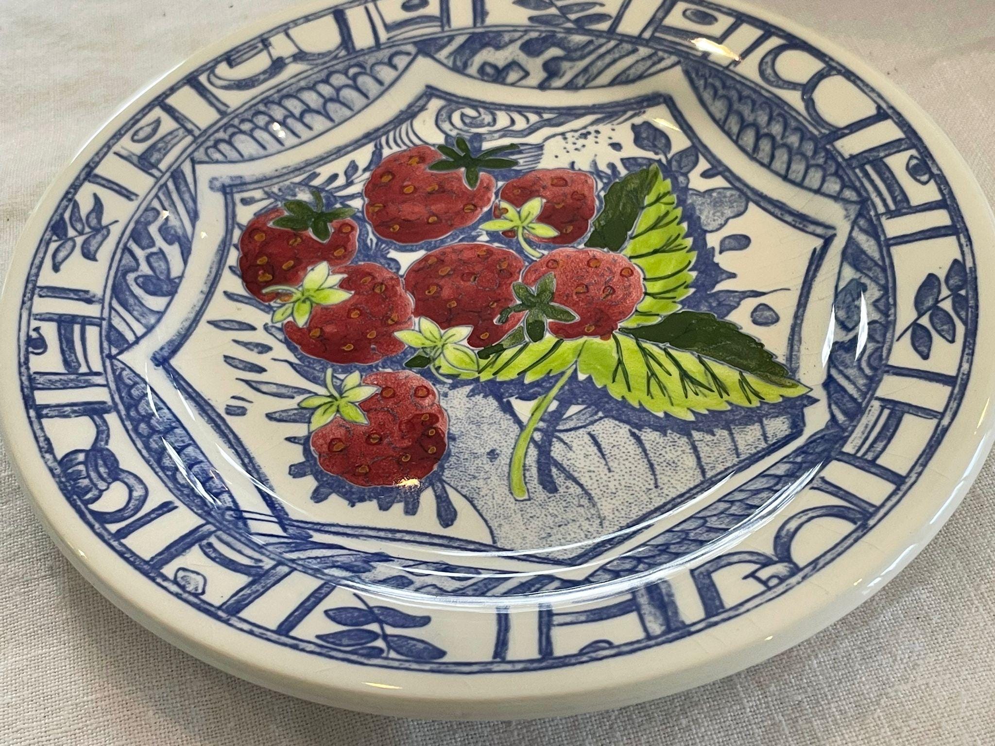 Gien France Cake Plates, Oiseau Bleu Des Fruits, Hand-painted, Set