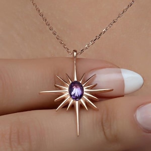 Sterling Silver North Star Necklace: Purple Zircon Celestial Pendant