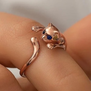 Rose Gold Cat Ring for Women, Sterling Silver Adjustable Cat Ring, Gift for Her, Dainty Cat Lover Gift, Handmade Unique Cat Ring