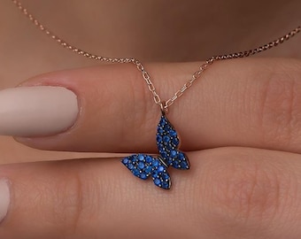 Blue Zircon Butterfly Necklace: Sterling Silver Dainty Pendant