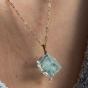 Blue Murano Glass Ice Cube Necklace: Gold Plated Chain