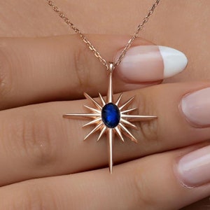 Navy Zircon North Star Necklace: Sterling Silver Rose Gold Pendant
