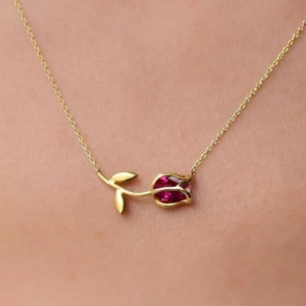 Ruby Stone Tulip Necklace, 925 Sterling Silver, Tulip  Pendant, Gift for Her, Birthday Gift, Flower Necklace, Tulip Jewelry, Flower Jewelry