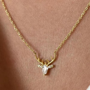 Gold Deer Head Necklace: 925 Sterling Silver Antler Pendant