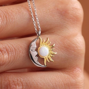 Sterling Silver Moon Sun Necklace: Opal Celestial Pendant