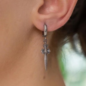 Mini Silver Dangle Sword Earrings, Sterling Silver Gothic Sword Earrings, Gift for Her, Sword Jewelry, Sword Dangle Earring, Unique Earrings
