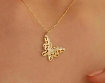 Gold Zircon Butterfly Necklace - 925 Sterling Silver - Butterfly Pendant - Necklace for Women - Animal - Gift for Her - Birthday Gift