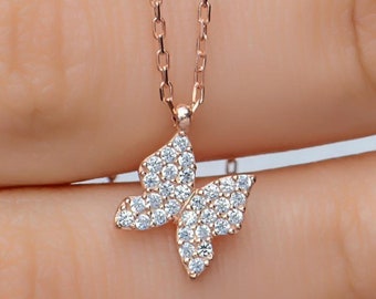 Rose Gold Sterling Silver Butterfly Necklace: Dainty Zircon Pendant
